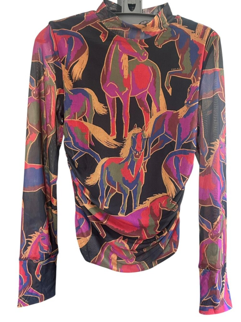 FARM RIO Wild Horses Mock Neck Mesh Tulle Blouse Size S